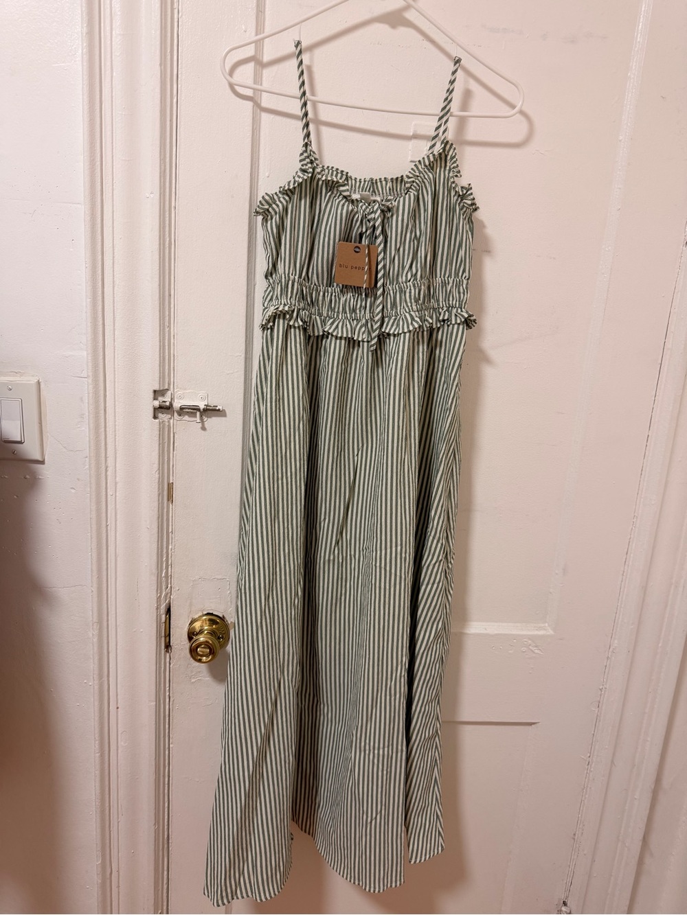 Woven Green Stripe Maxi Jumpsuit with Spaghetti Straps